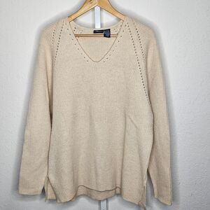 Vintage Liz Claiborne Lizsport Lambswool Cashmere‎ Beige V Neck Sweater Large